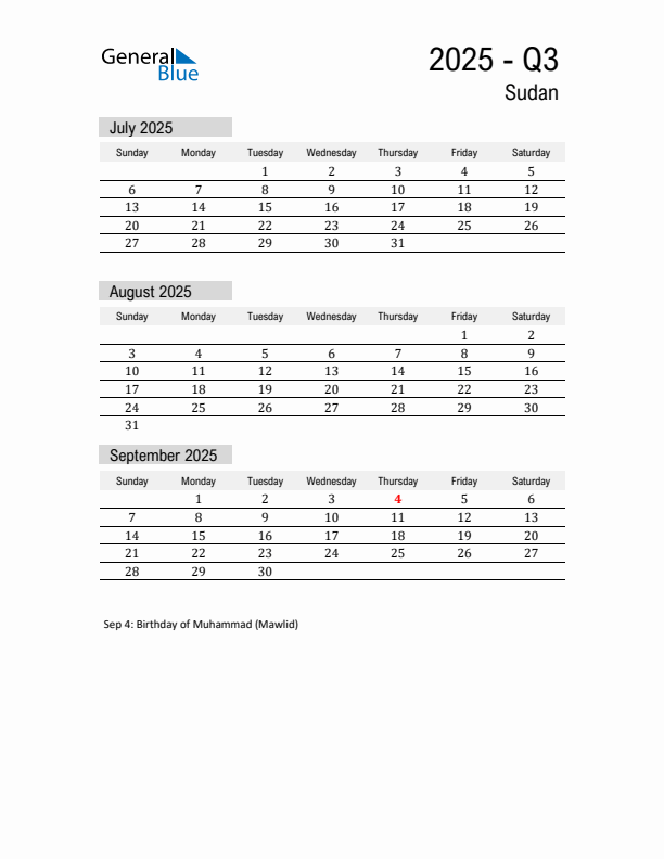 Sudan Quarter 3 2025 Calendar with Holidays