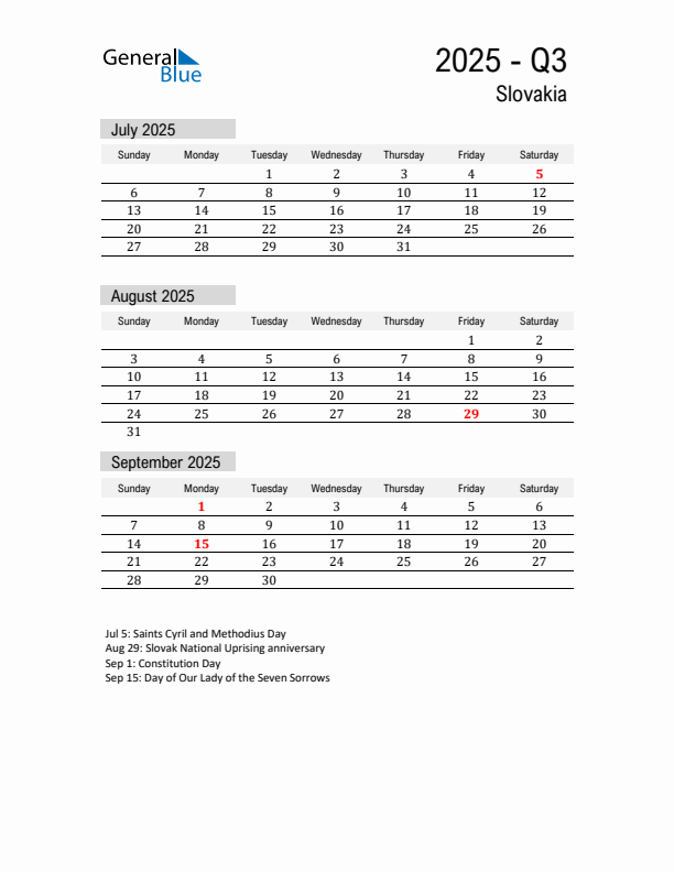 Slovakia Quarter 3 2025 Calendar with Holidays