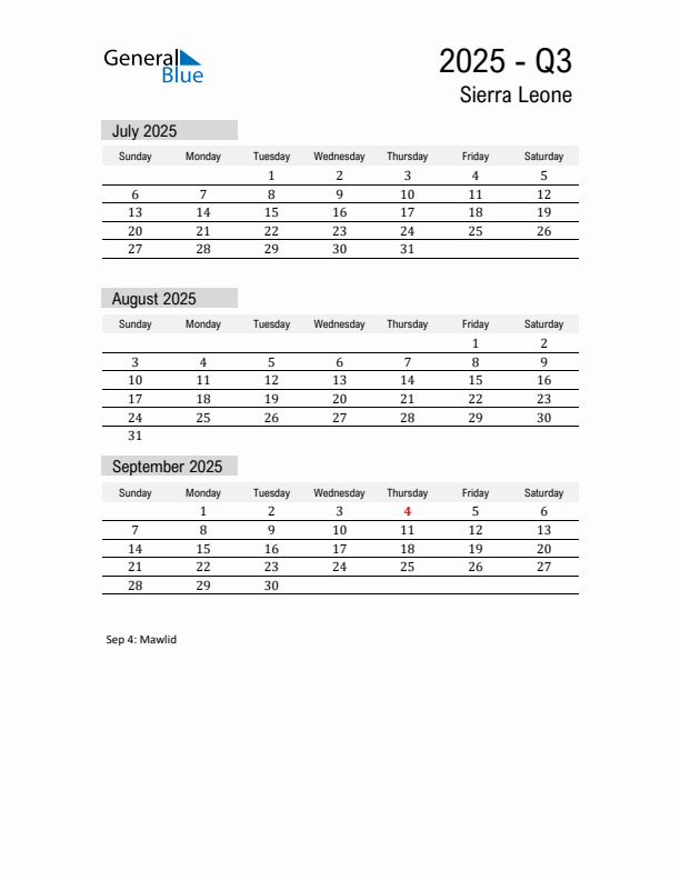 Sierra Leone Quarter 3 2025 Calendar with Holidays