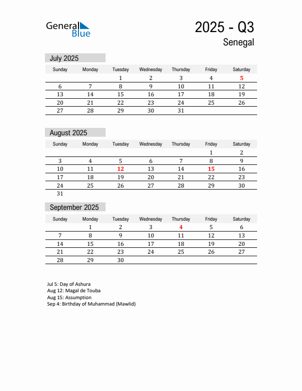 Senegal Quarter 3 2025 Calendar with Holidays