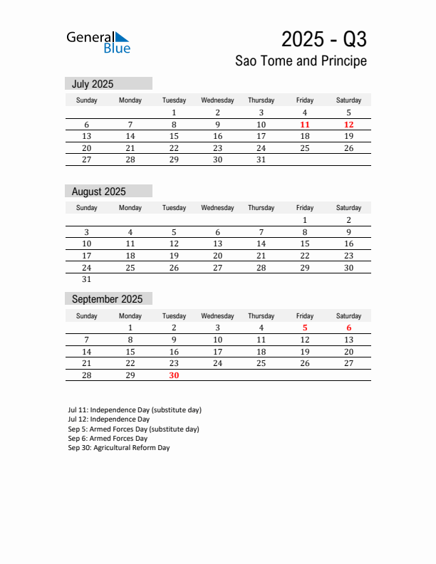 Sao Tome and Principe Quarter 3 2025 Calendar with Holidays