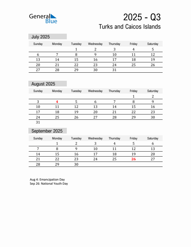 Turks and Caicos Islands Quarter 3 2025 Calendar with Holidays