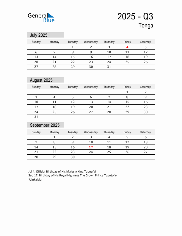 Tonga Quarter 3 2025 Calendar with Holidays