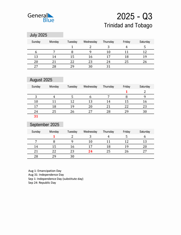 Trinidad and Tobago Quarter 3 2025 Calendar with Holidays