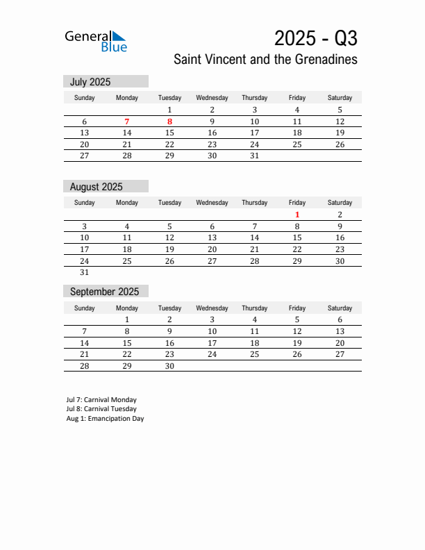 Saint Vincent and the Grenadines Quarter 3 2025 Calendar with Holidays