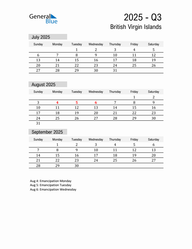 British Virgin Islands Quarter 3 2025 Calendar with Holidays