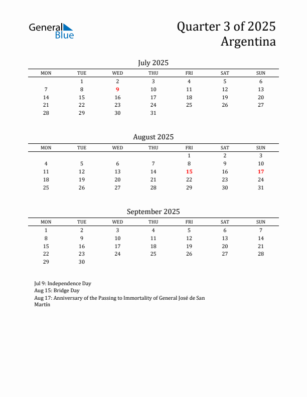 Quarter 3 2025 Argentina Quarterly Calendar