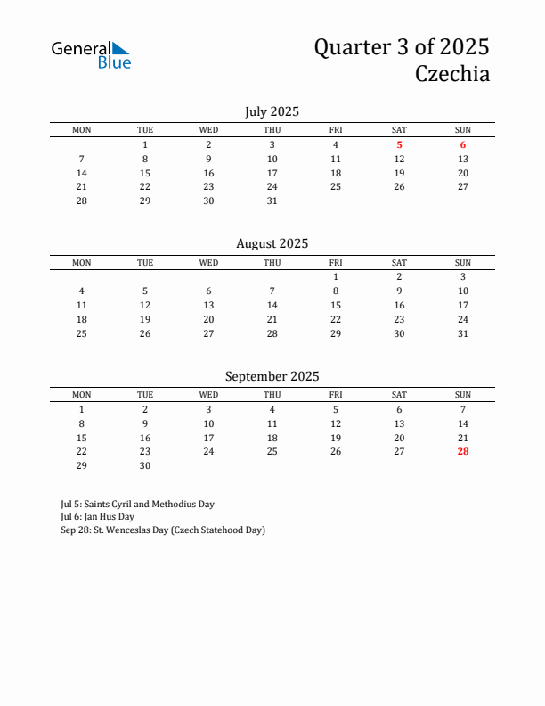 Quarter 3 2025 Czechia Quarterly Calendar