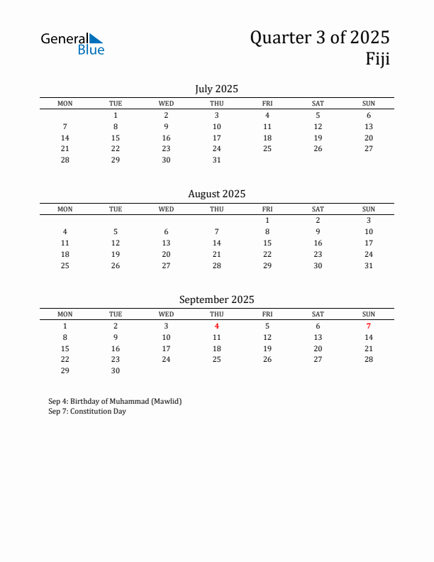 Quarter 3 2025 Fiji Quarterly Calendar