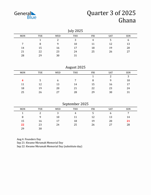 Quarter 3 2025 Ghana Quarterly Calendar