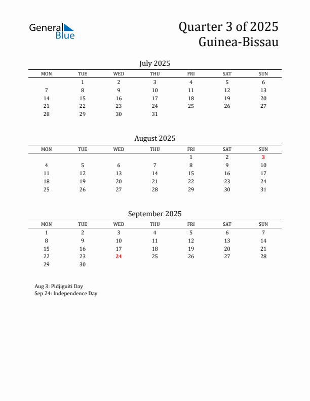 Quarter 3 2025 Guinea-Bissau Quarterly Calendar