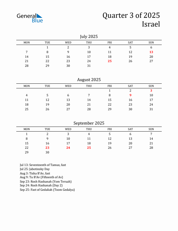 Quarter 3 2025 Israel Quarterly Calendar