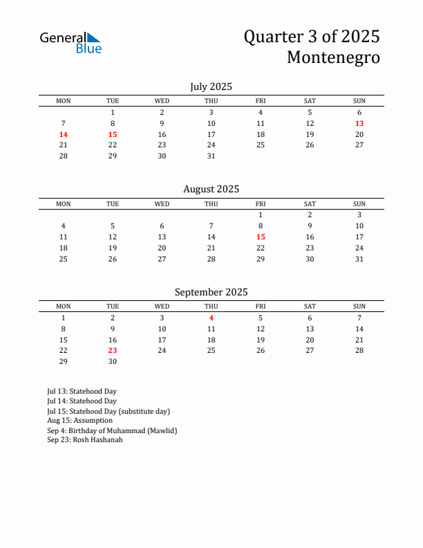 Quarter 3 2025 Montenegro Quarterly Calendar