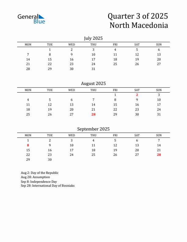Quarter 3 2025 North Macedonia Quarterly Calendar