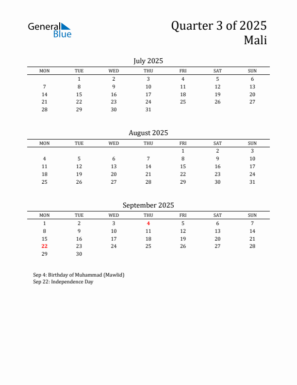 Quarter 3 2025 Mali Quarterly Calendar