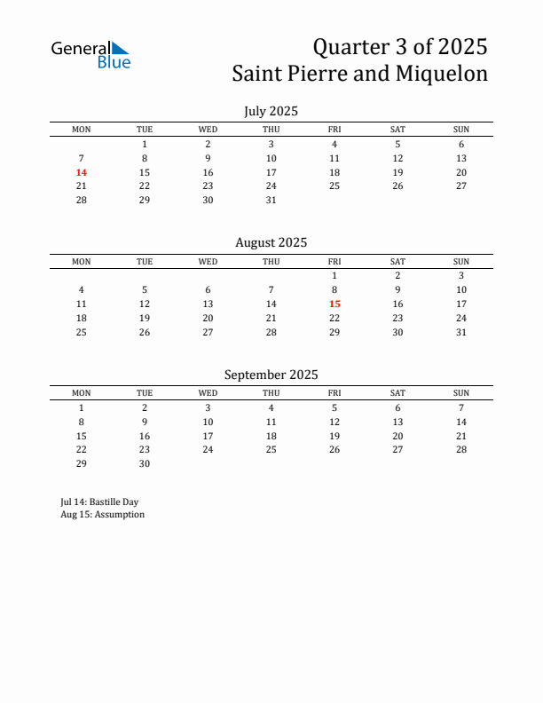 Quarter 3 2025 Saint Pierre and Miquelon Quarterly Calendar