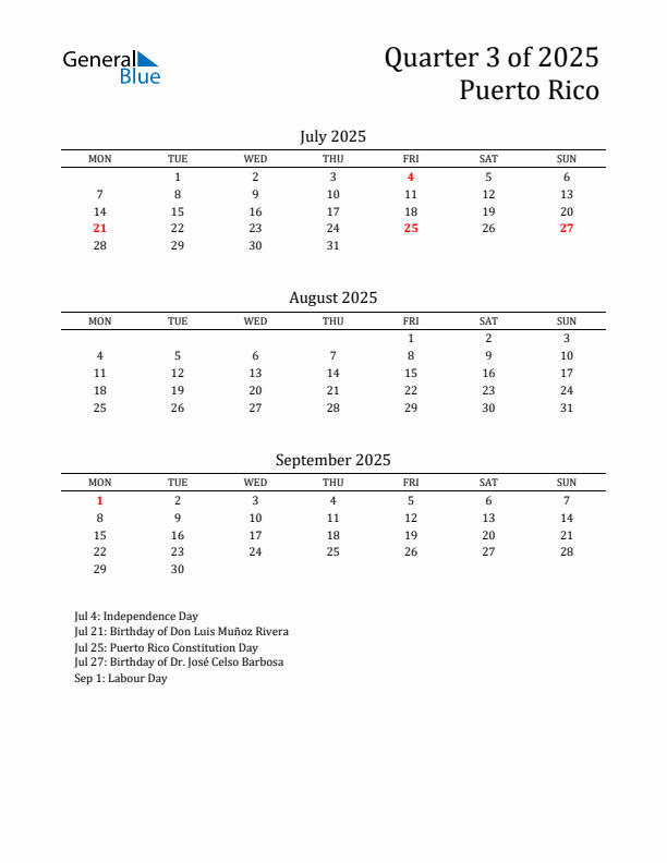 Quarter 3 2025 Puerto Rico Quarterly Calendar