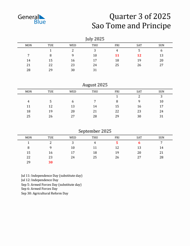 Quarter 3 2025 Sao Tome and Principe Quarterly Calendar