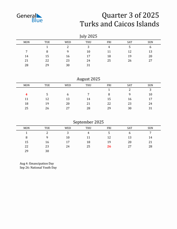 Quarter 3 2025 Turks and Caicos Islands Quarterly Calendar