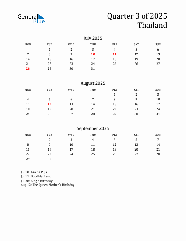 Quarter 3 2025 Thailand Quarterly Calendar