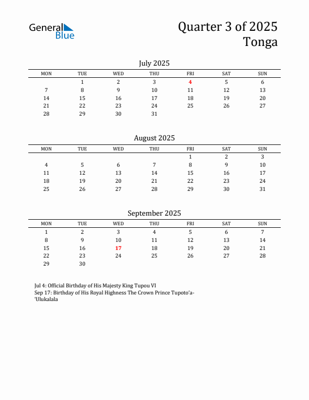 Quarter 3 2025 Tonga Quarterly Calendar