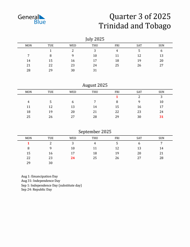 Quarter 3 2025 Trinidad and Tobago Quarterly Calendar