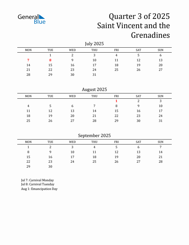 Quarter 3 2025 Saint Vincent and the Grenadines Quarterly Calendar
