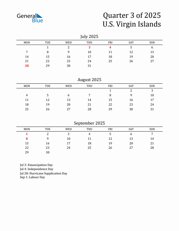 Quarter 3 2025 U.S. Virgin Islands Quarterly Calendar