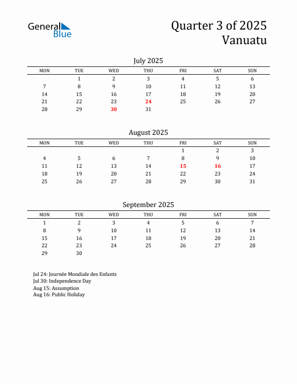 Quarter 3 2025 Vanuatu Quarterly Calendar