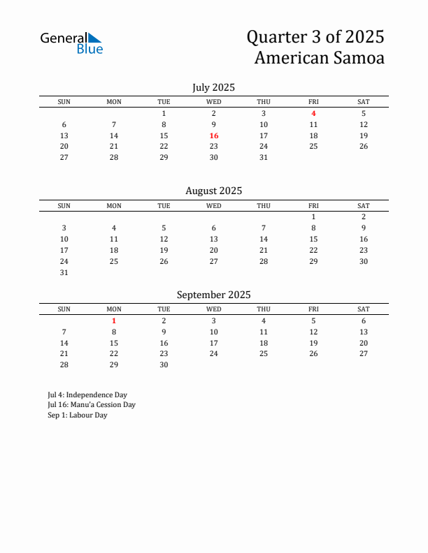 Quarter 3 2025 American Samoa Quarterly Calendar