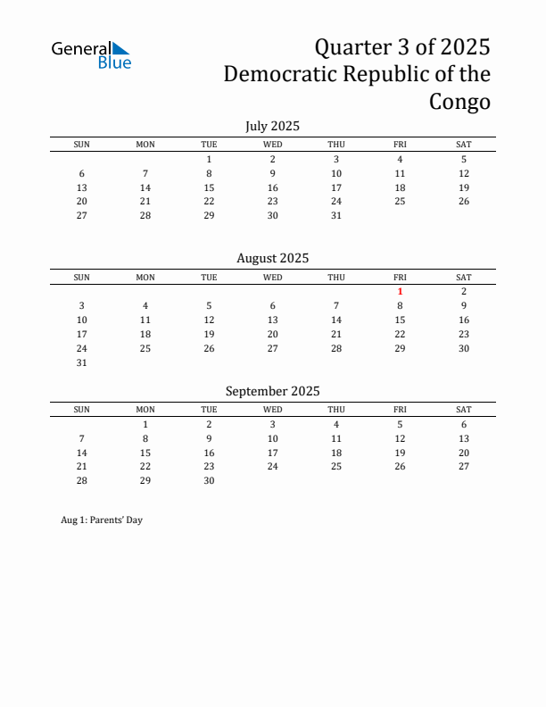 Quarter 3 2025 Democratic Republic of the Congo Quarterly Calendar