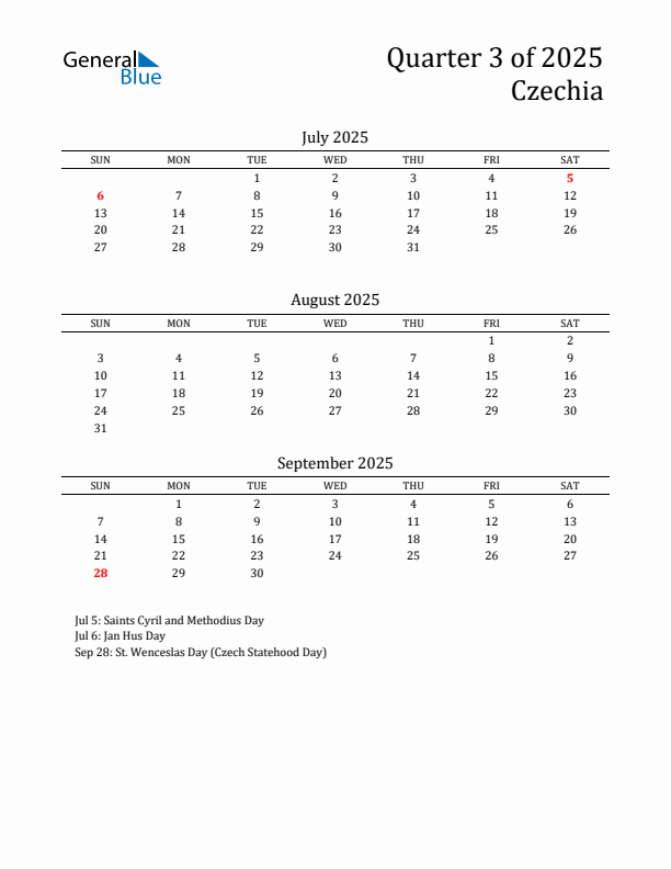 Quarter 3 2025 Czechia Quarterly Calendar