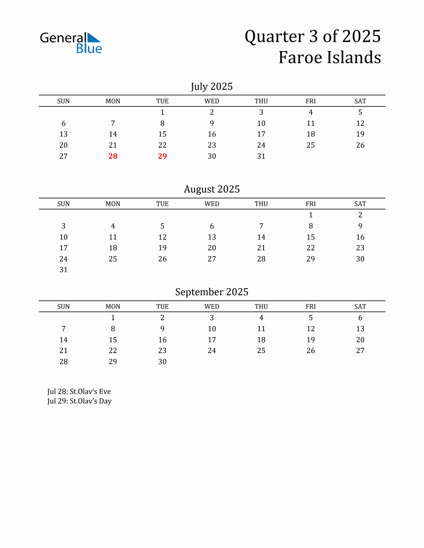 Quarter 3 2025 Faroe Islands Quarterly Calendar