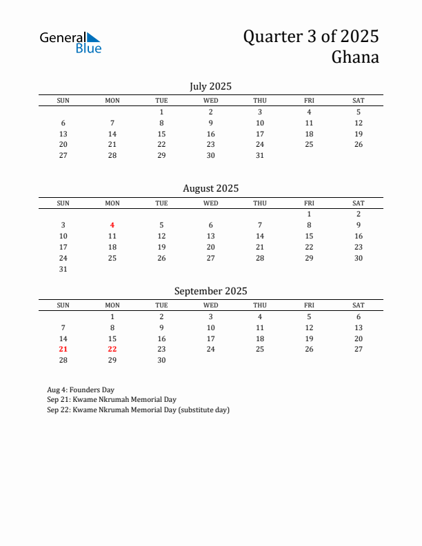 Quarter 3 2025 Ghana Quarterly Calendar