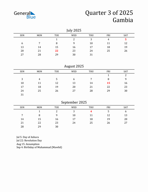 Quarter 3 2025 Gambia Quarterly Calendar
