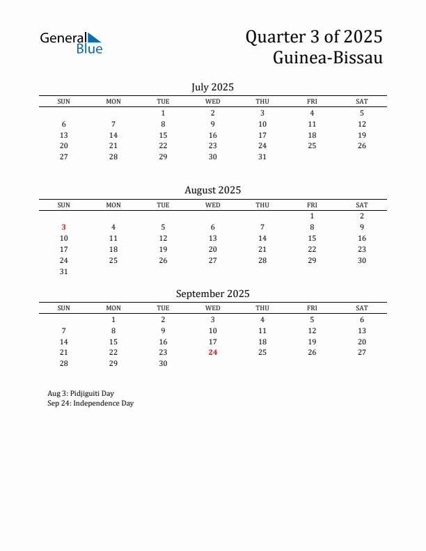 Quarter 3 2025 Guinea-Bissau Quarterly Calendar