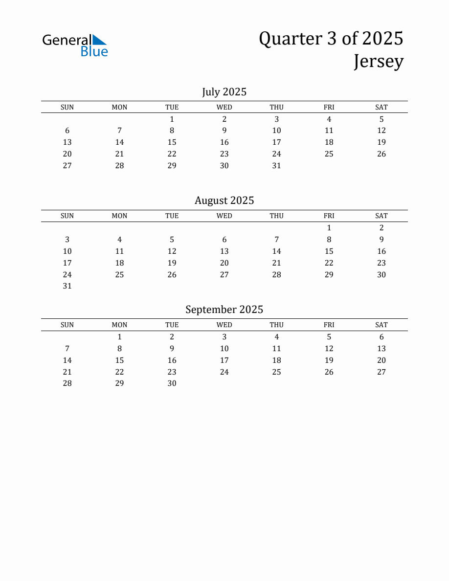 Quarter 3 2025 Jersey Calendar