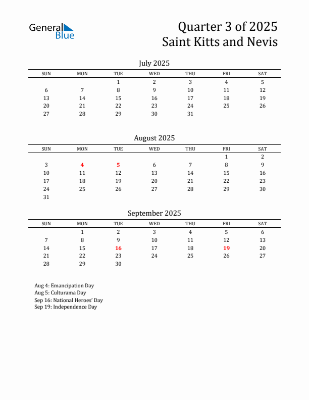 Quarter 3 2025 Saint Kitts and Nevis Quarterly Calendar