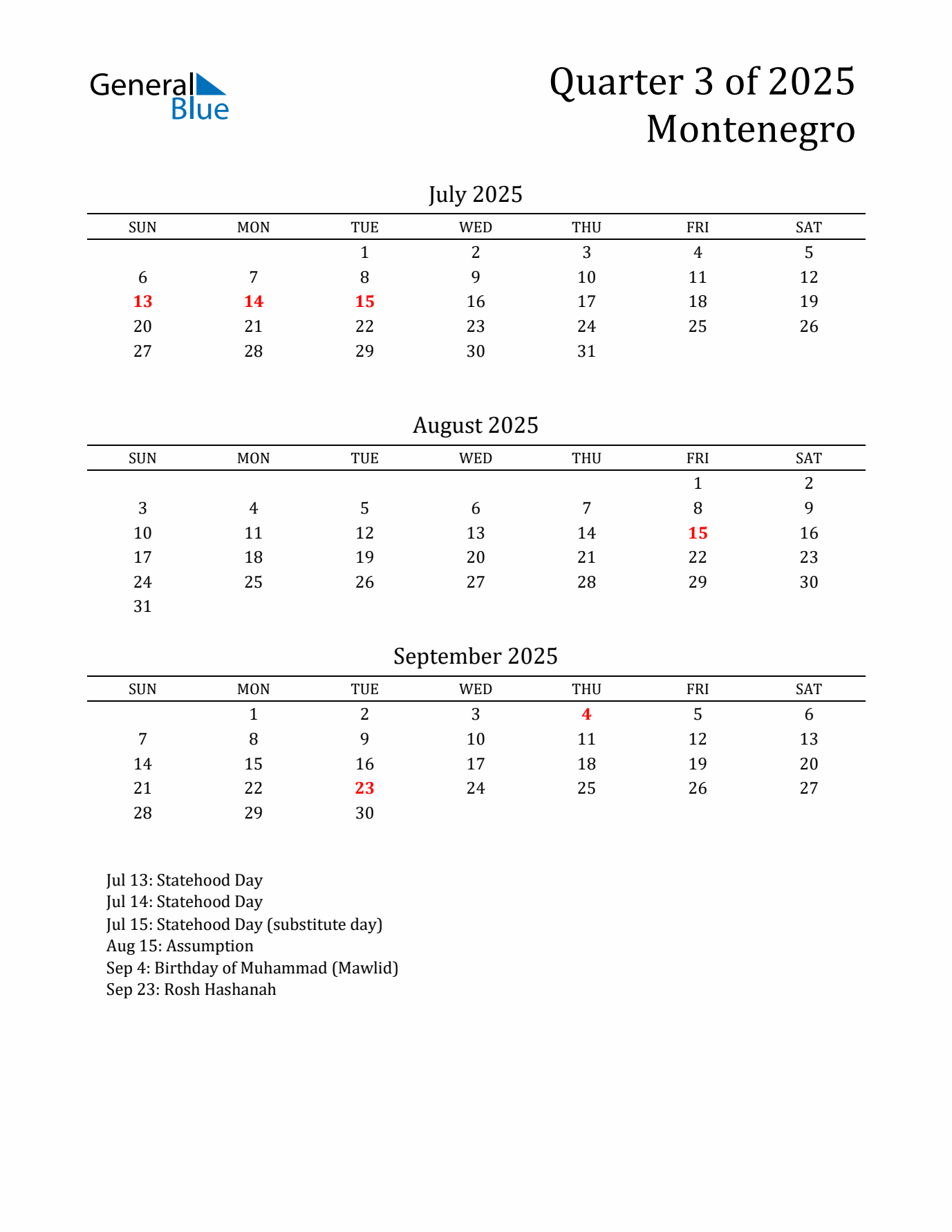 Quarter 3 2025 Montenegro Quarterly Calendar