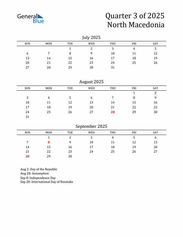Quarter 3 2025 North Macedonia Quarterly Calendar