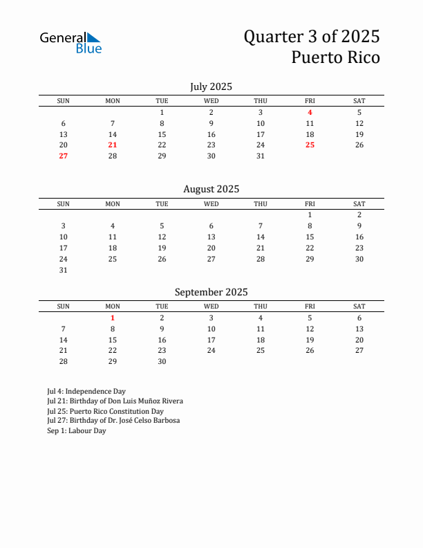 Quarter 3 2025 Puerto Rico Quarterly Calendar