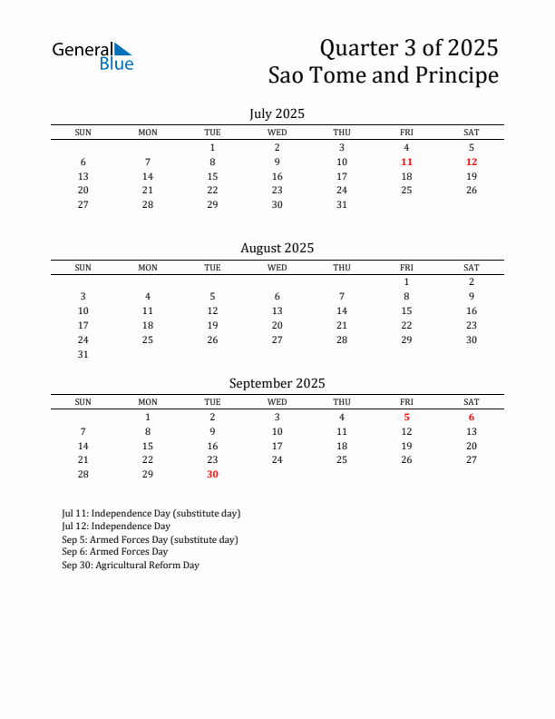 Quarter 3 2025 Sao Tome and Principe Quarterly Calendar