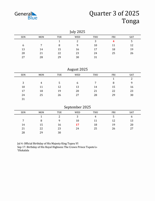 Quarter 3 2025 Tonga Quarterly Calendar