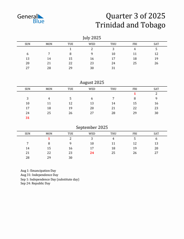 Quarter 3 2025 Trinidad and Tobago Quarterly Calendar