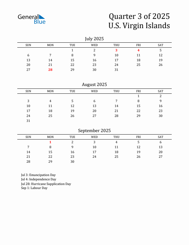 Quarter 3 2025 U.S. Virgin Islands Quarterly Calendar