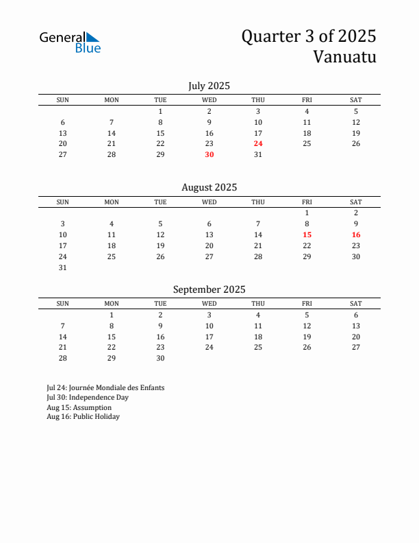 Quarter 3 2025 Vanuatu Quarterly Calendar