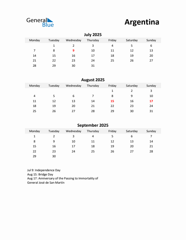 Printable Quarterly Calendar with Notes and Argentina Holidays- Q3 of 2025