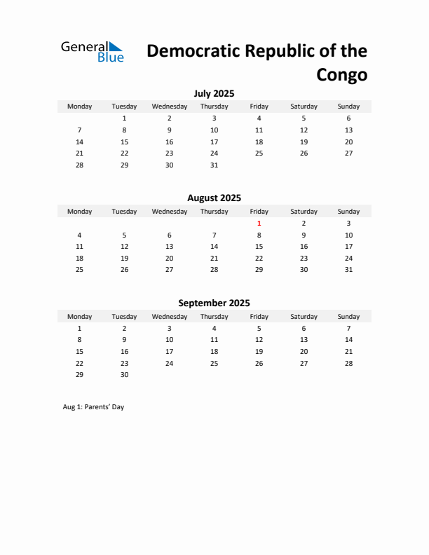 Printable Quarterly Calendar with Notes and Democratic Republic of the Congo Holidays- Q3 of 2025