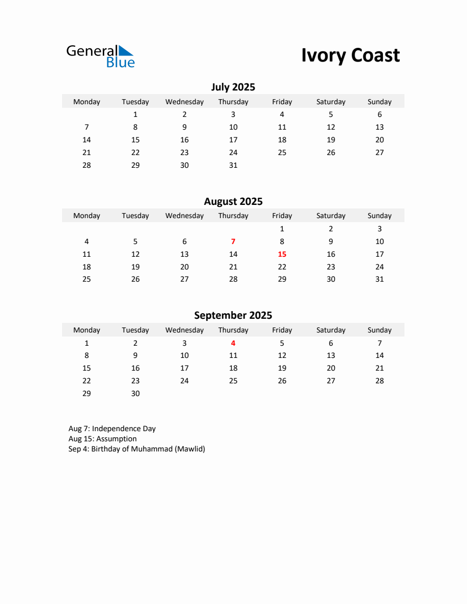 Printable Quarterly Calendar with Notes and Ivory Coast Holidays (Q3 ...