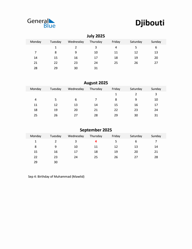 Printable Quarterly Calendar with Notes and Djibouti Holidays- Q3 of 2025